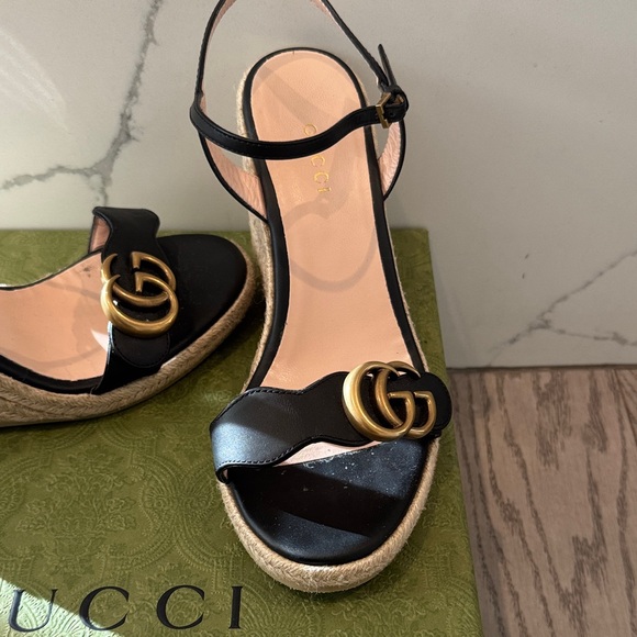 🍒🍒. Gucci Black Wedges with Gold Logo. 🍒🍒 - Picture 2 of 6